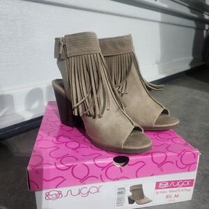 Sugar Women's Fringe Peep-Toe Heeled Boots - Brown